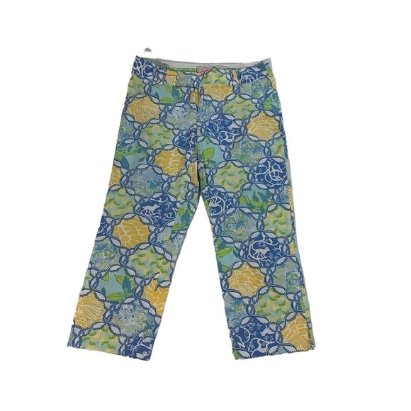 Lilly Pulitzer Cropped Light Pant Yellow Blue Monkey Lemon Pattern Size 6 - Picture 1 of 7